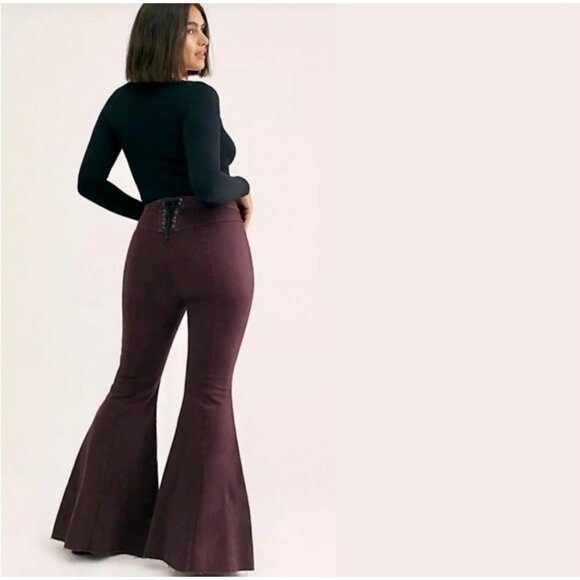 Free People CRVY High-Waisted Flared Bell-Bottom Jeans Lace-Up Back Plum Purple - Picture 1 of 13